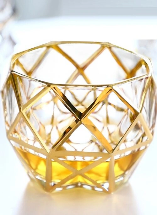 Round Whiskey Glass with Gold Geometric Pattern