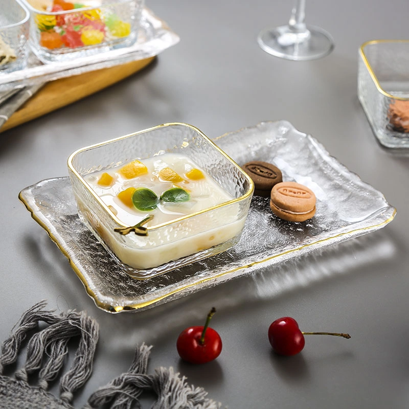Water Textured Glass Dishes with Gold Rim