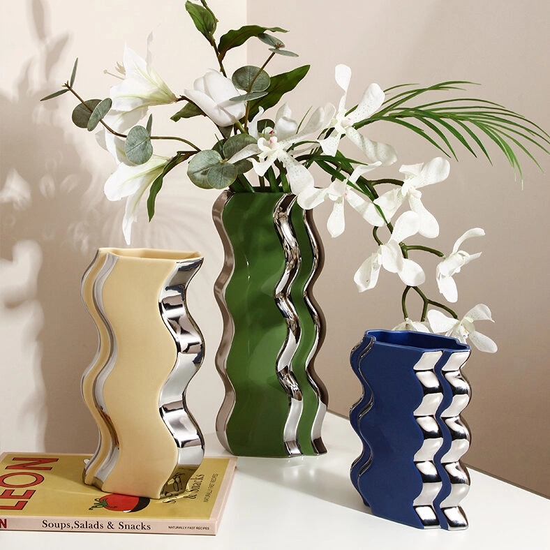 Wavy Ceramic Vases with Silver Accents