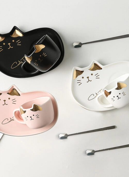 Porcelain Cat Mug and Dish Set