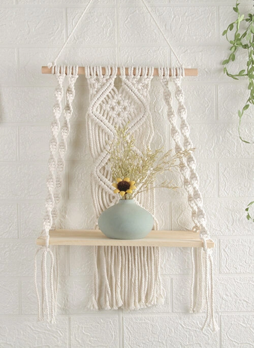 Cotton Rope Macrame with Wooden Shelf