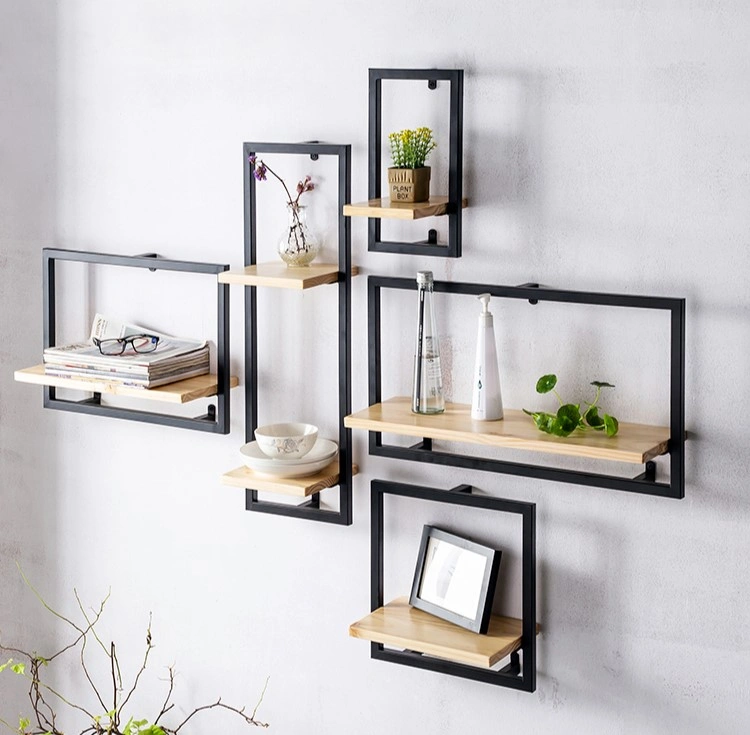 Wooden Floating Shelves with Black Metal Frame