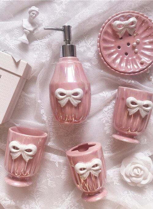 Pearl Pink Bathroom Essentials with White Bow