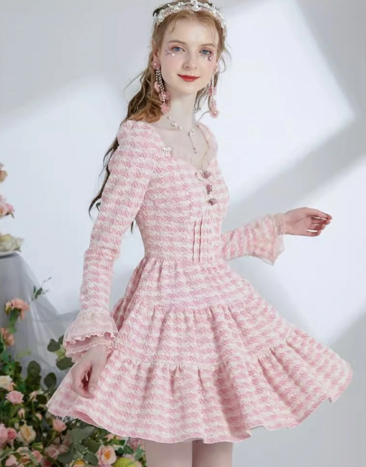 Checkered Pink Dress Square Neck
