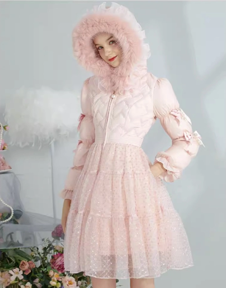 Pink Embroided Down Coat With Mesh Detail
