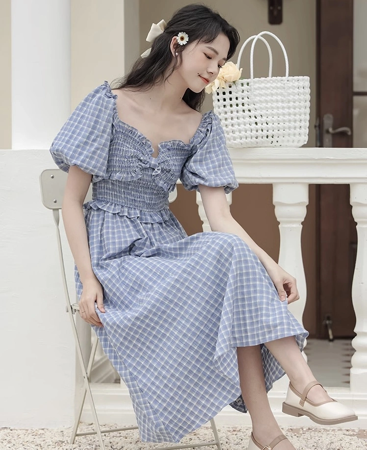 Square Neck Plaid Dress With Puff Sleeves