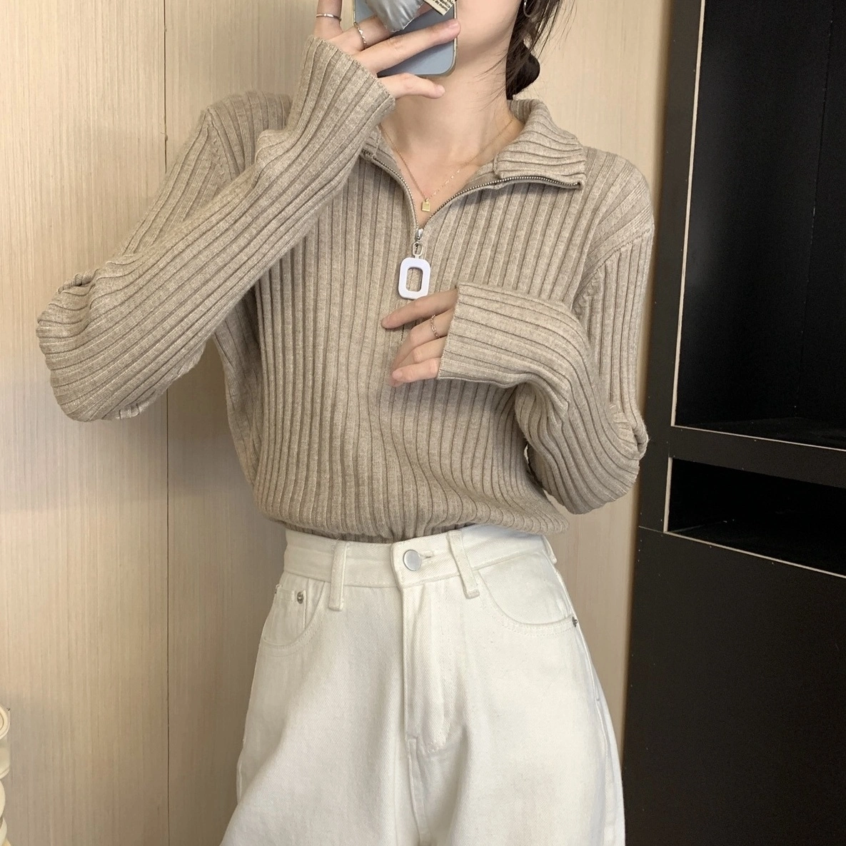Apricot Half Zip Collared Sweater