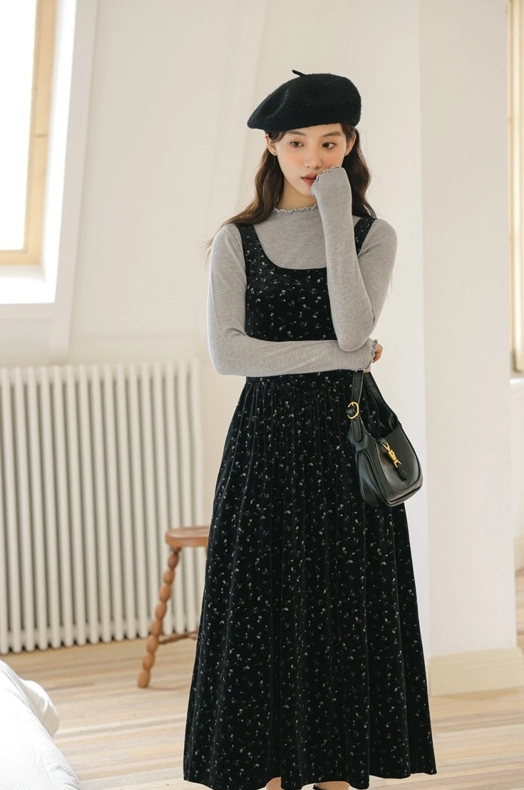 Black Floral Velvet Dress