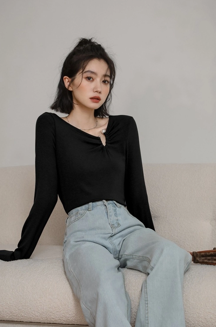 Black Long Sleeves Top With Asymmetrical Neckline