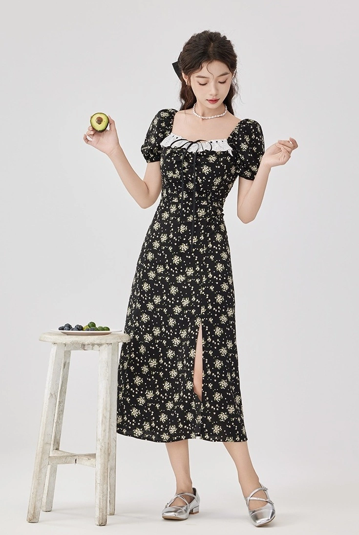 Black Square Neck Floral Dress