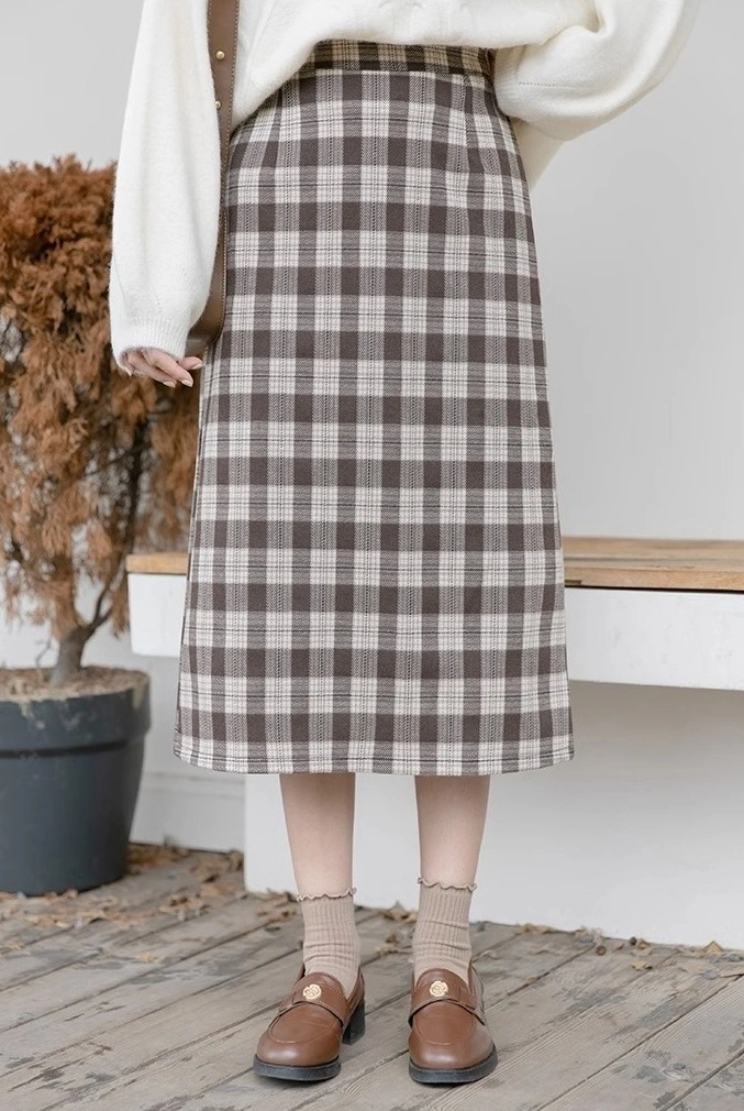 Brown Plaid Straight Skirt