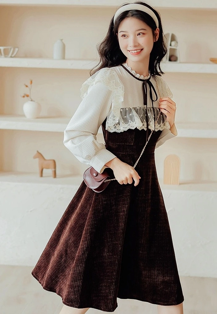 Brown Retro Dress With Ribbon And Lace