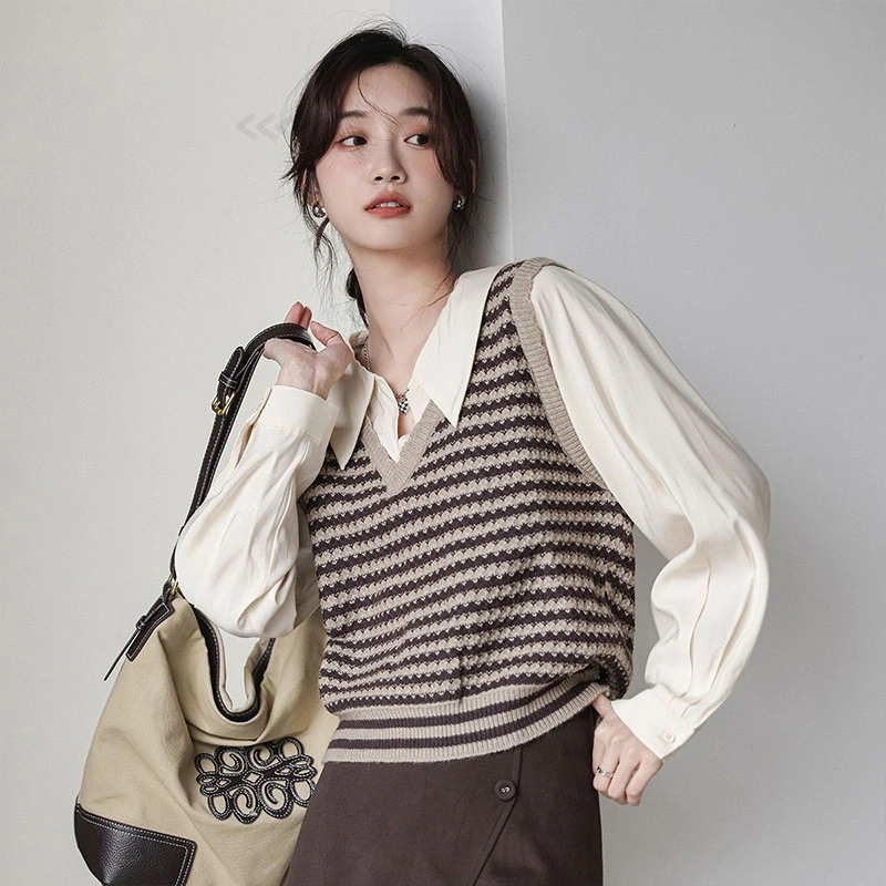 Coffee Stripes Vest With Inner Top