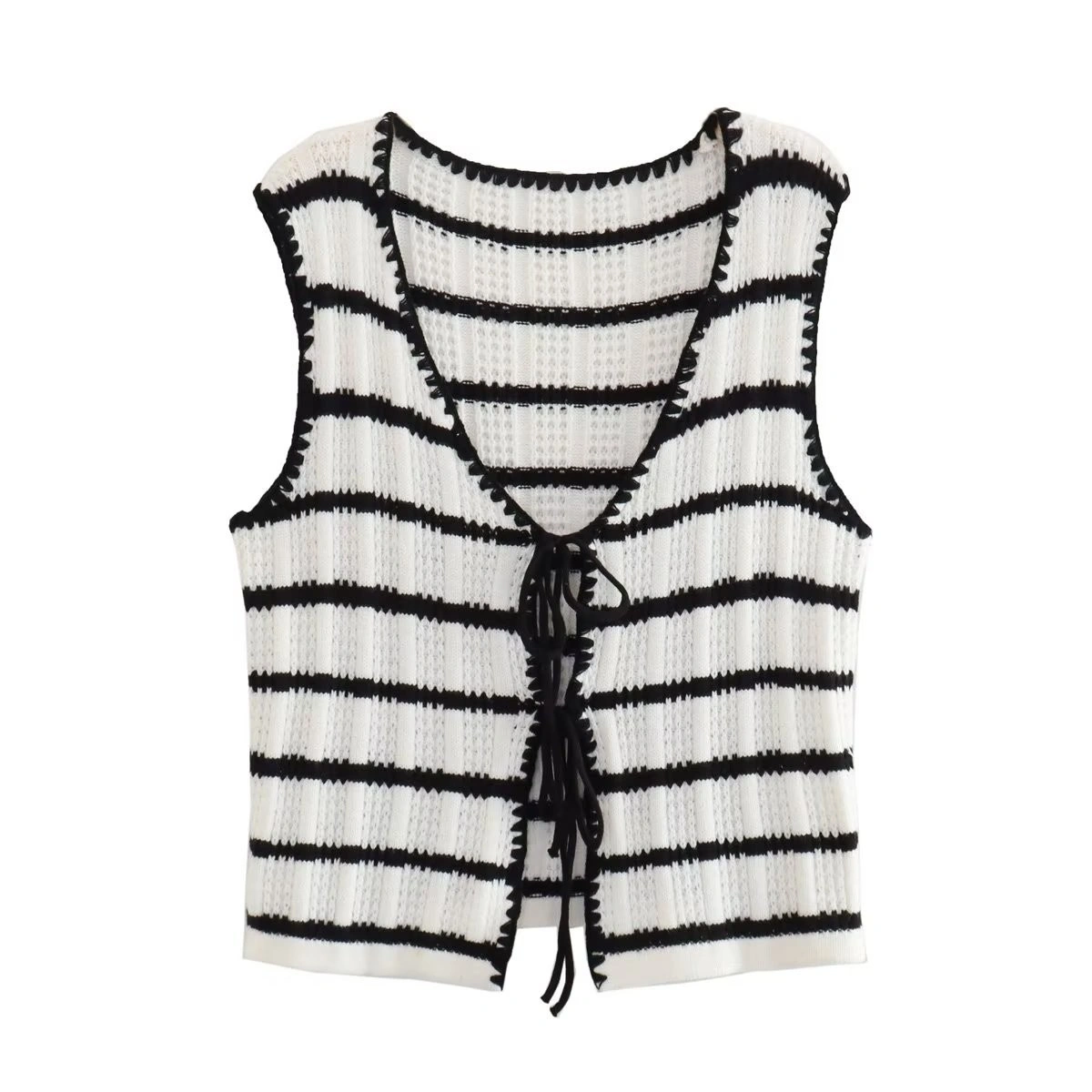Knitted Stripe Vest Top With Bow Closure