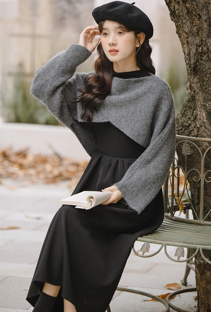 Long Sleeve Black Dress With Gray Shawl The Other Aesthetic