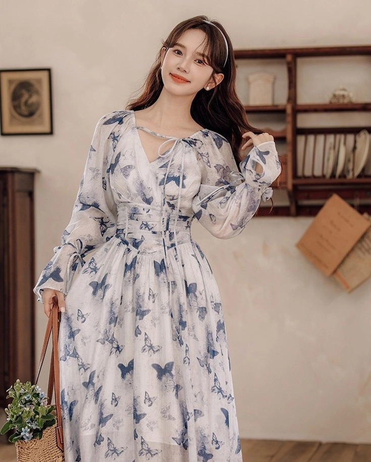 V-Neck Butterfly Printed Dress