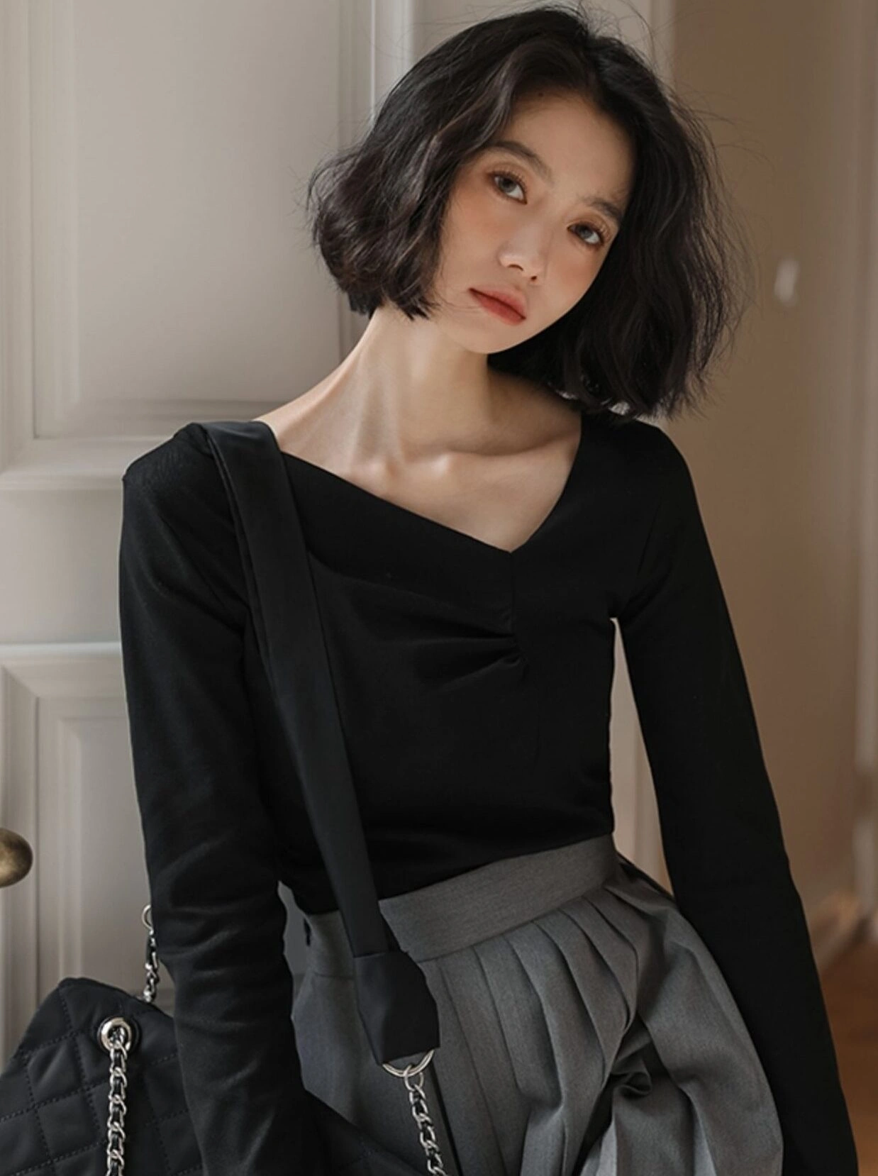 Asymmetrical Neck Long Sleeves Top