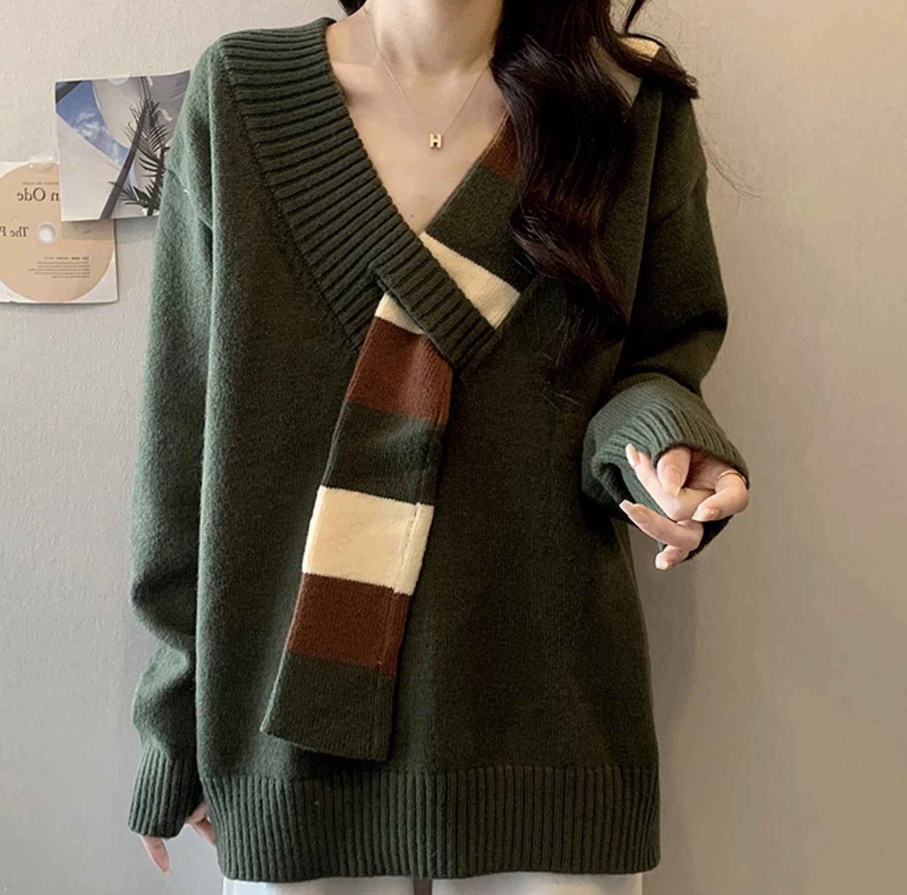 Army Green V-Neck Sweater