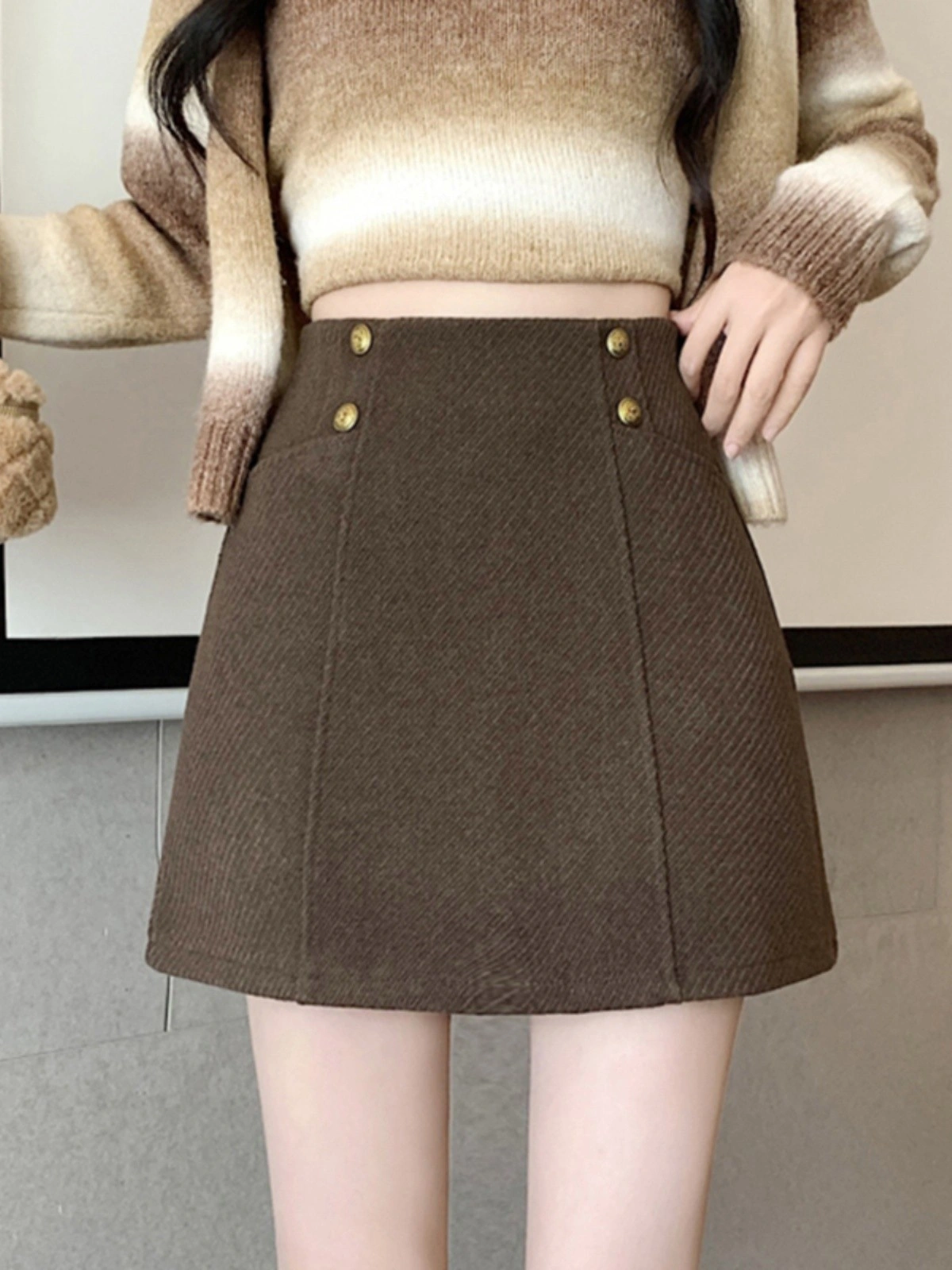 Brown Hip Skirt With Gold Buttons Accent