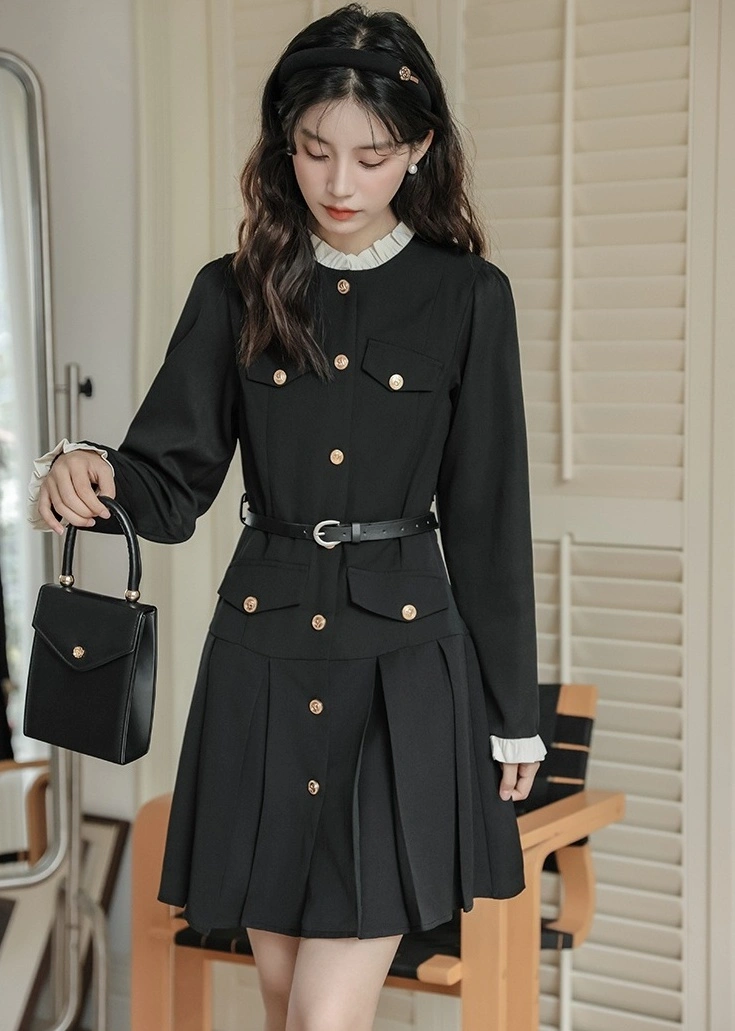 Black Long Sleeves Pleated Dress