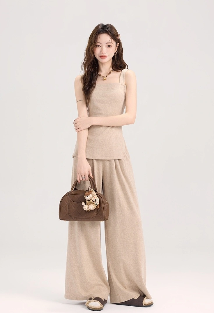 Apricot Top With Side Slit And Wide Leg Pants