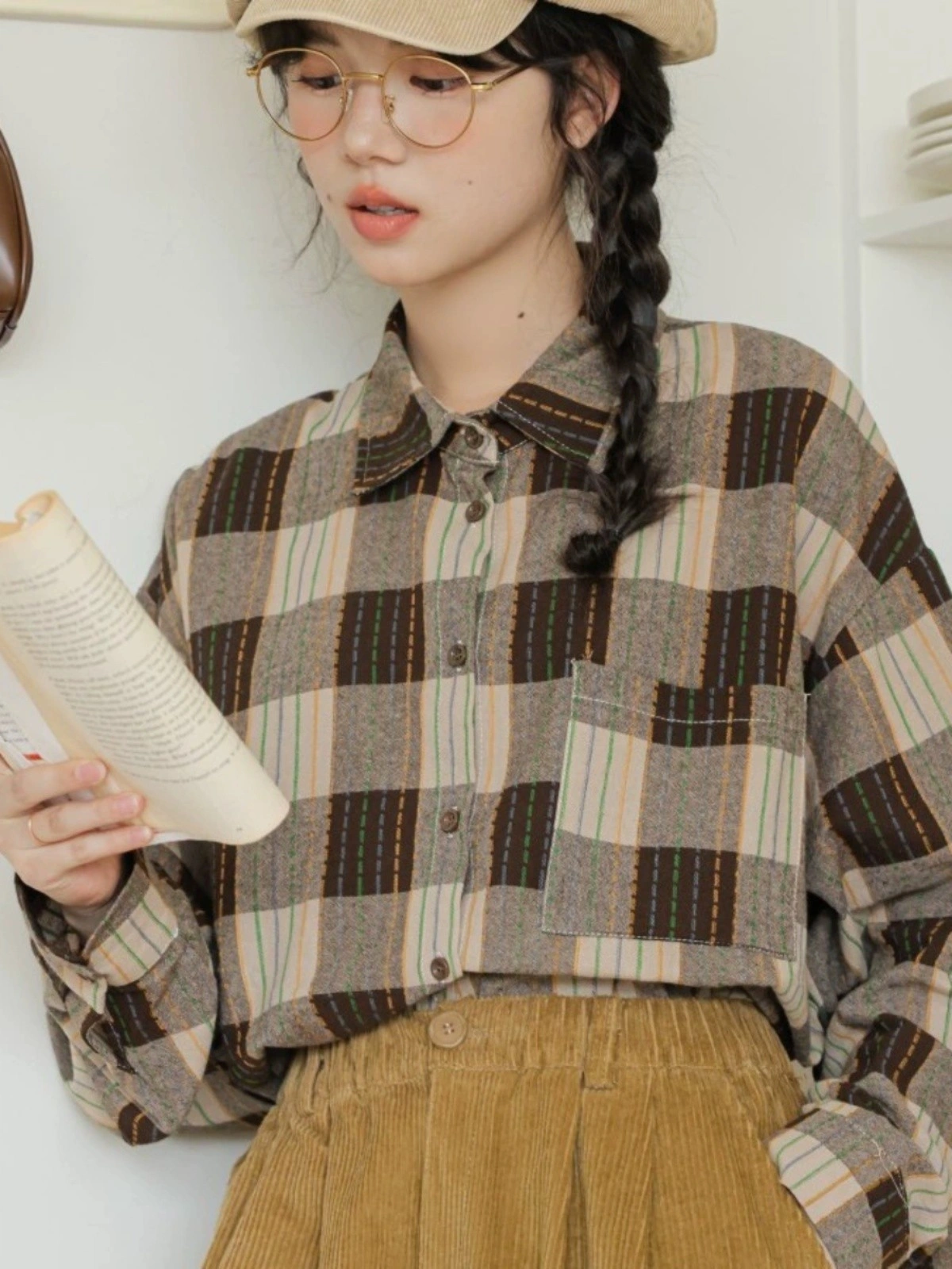 Brown Plaid Polo Long Sleeves With Pocket