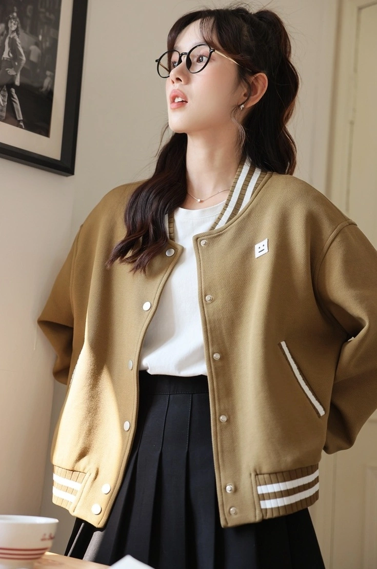 Khaki Bomber Jacket With Buttons And Smiley Logo