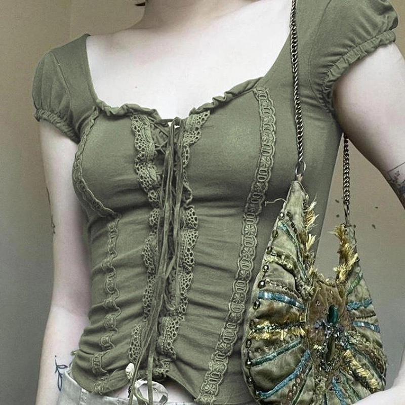 Green Lace Blouse With Puff Short Sleeves