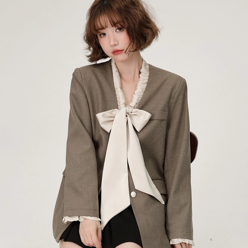 Khaki Mid-Length Suit With Ruffled End Sleeves And Bow Tie