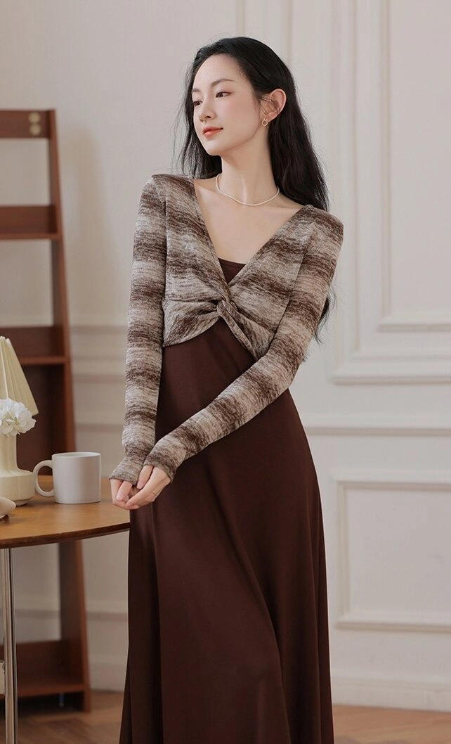 Plain Sleeveless Dress With Knitted Tie Knot Front Cardigan
