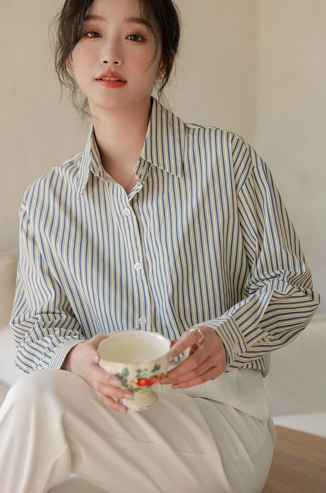 Blue Striped Long Sleeve Collared Shirt