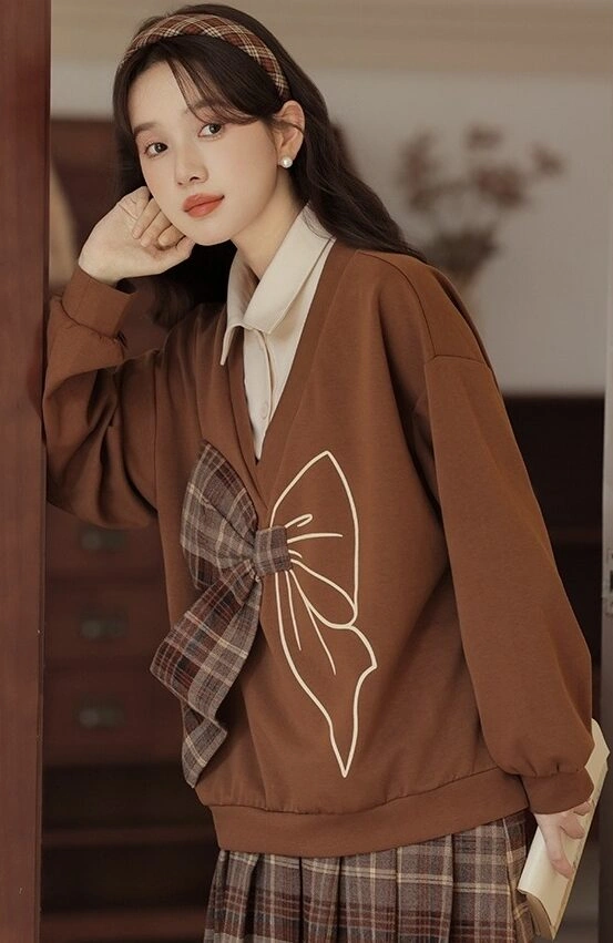 Brown Two-Piece Bow Plaid Sweater And Skirt Set