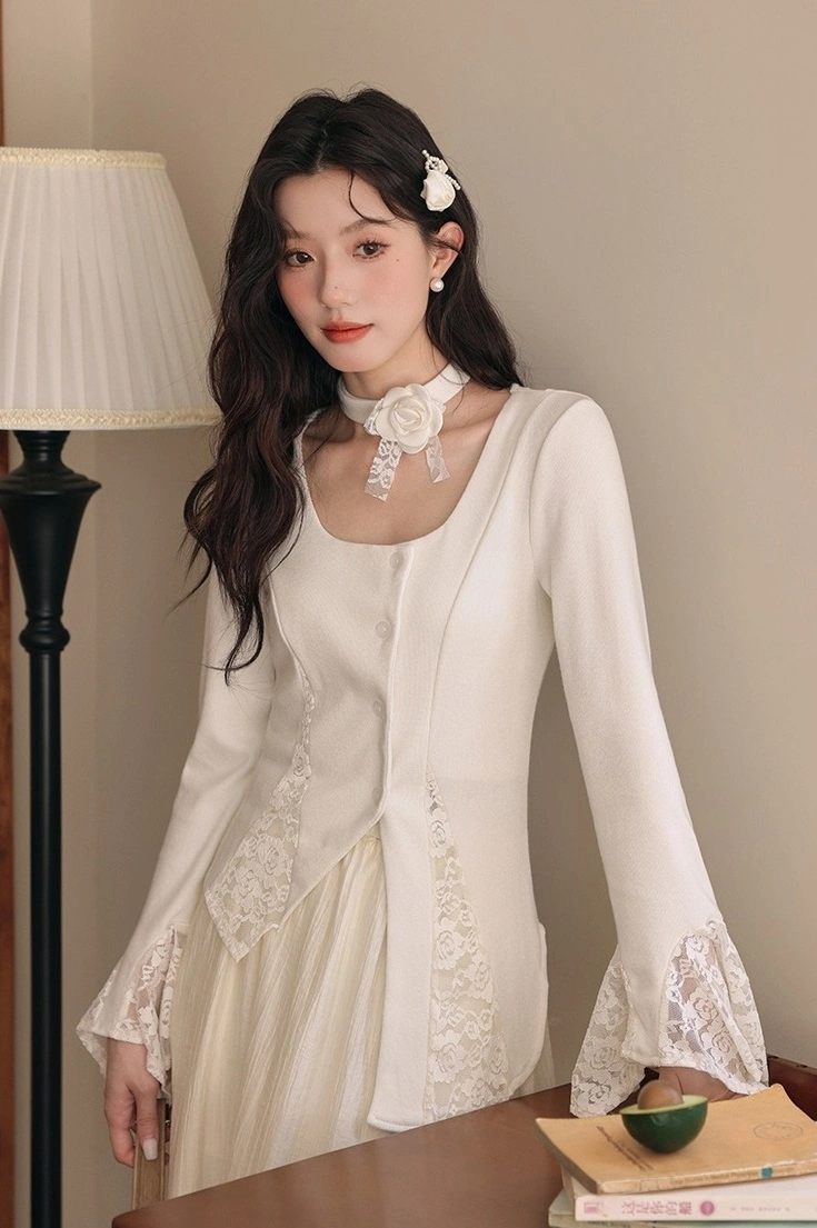 Apricot Lace Long Sleeve Top And Skirt Set