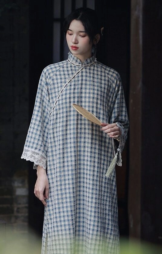Blue Chinese Style Plaid Dress