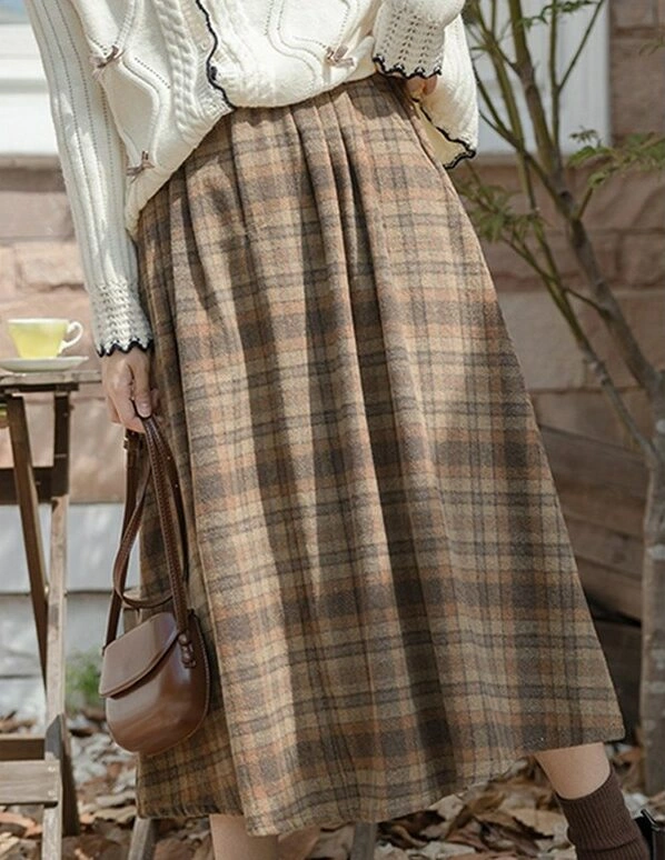Brown Plaid High Waisted Skirt