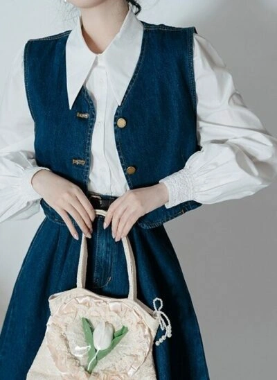 Denim Vest, Skirt And White Collared Top Set