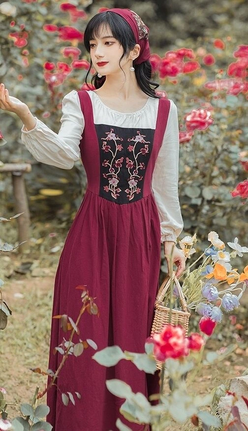 Red Floral Fake Two Piece Dress