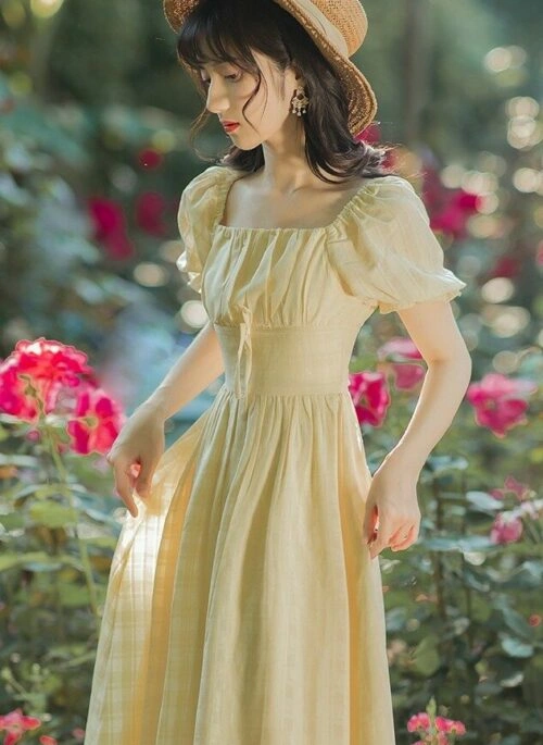 Yellow Square Neck Dress With Semi Puff Sleeves And Fitted Waist